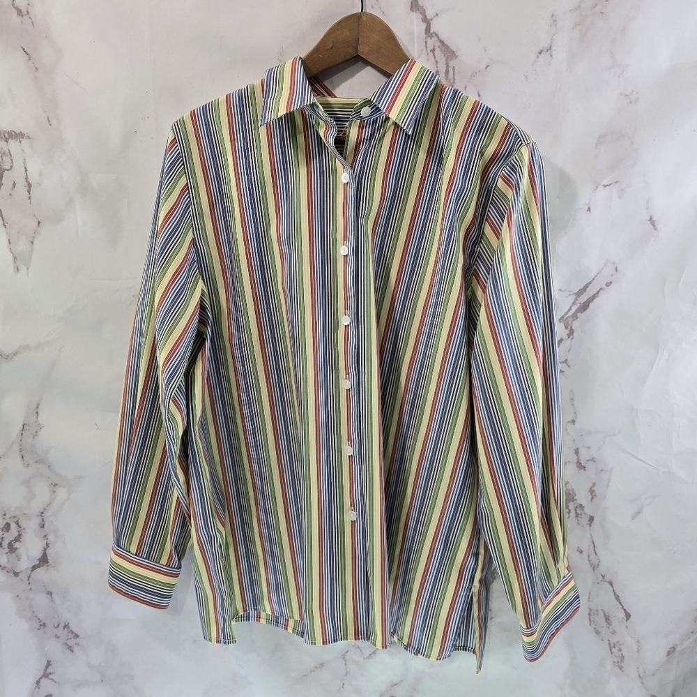 Foxcroft Shirt Womens 12 Large Rainbow Striped Button Up Wrinkle Free Non Iron